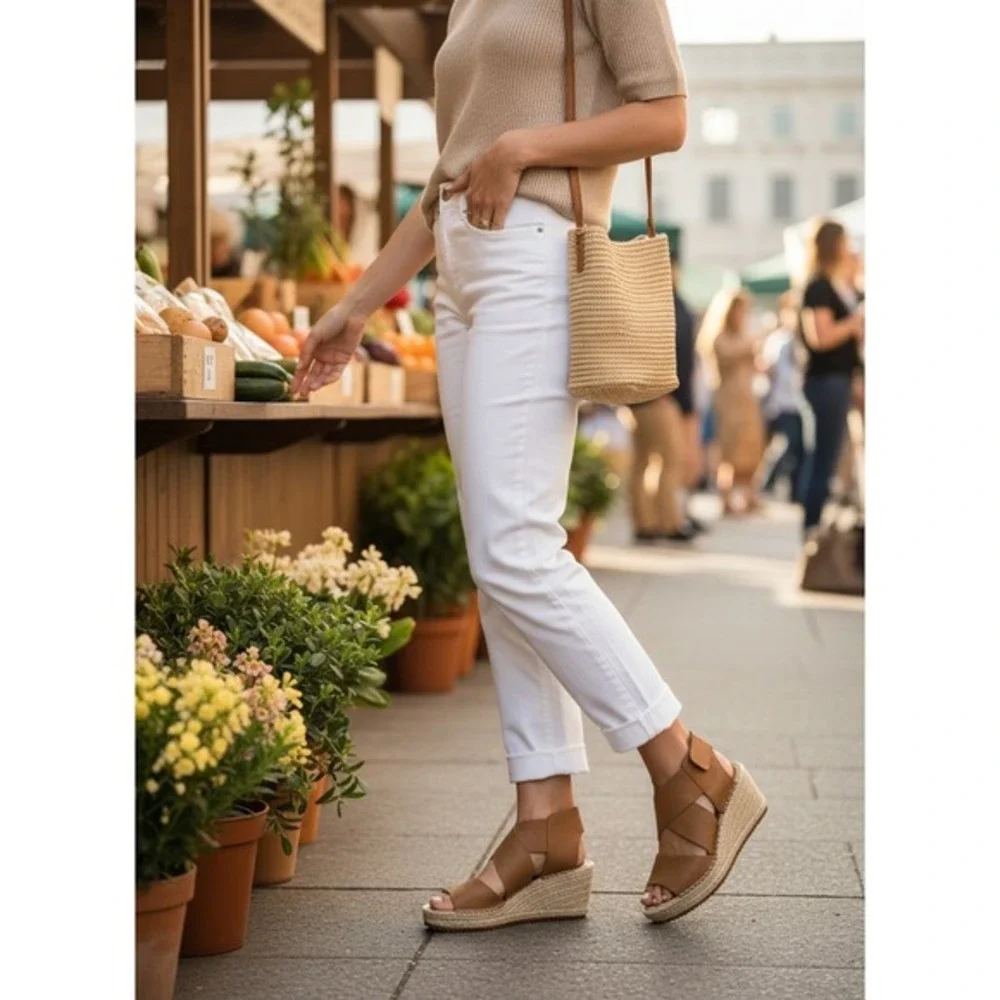 Eileen Fisher‎ Willow Espadrille Wedge Sandal Womens 9 Tan Tumbled Leather